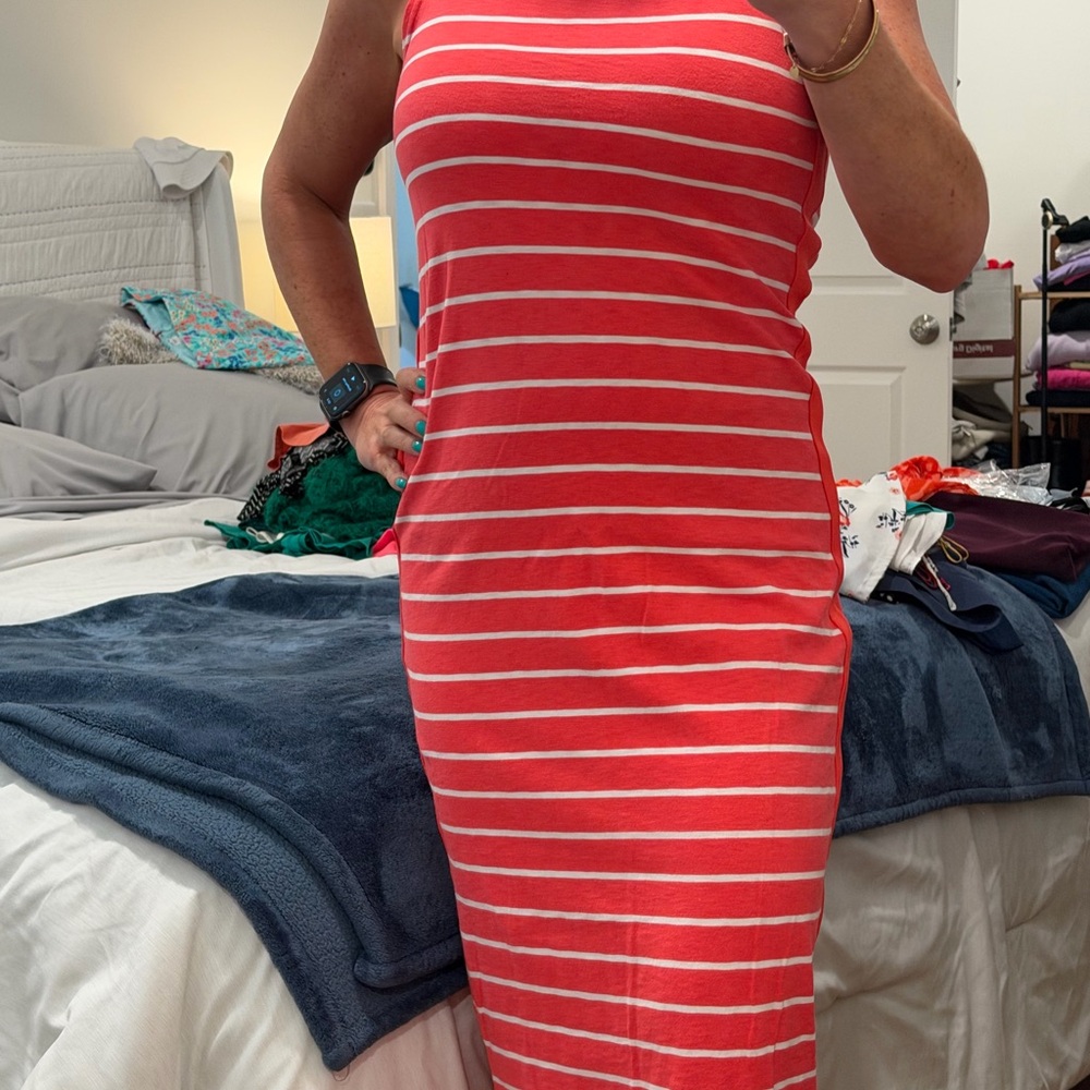 Joules Coral and White Striped Midi Dress